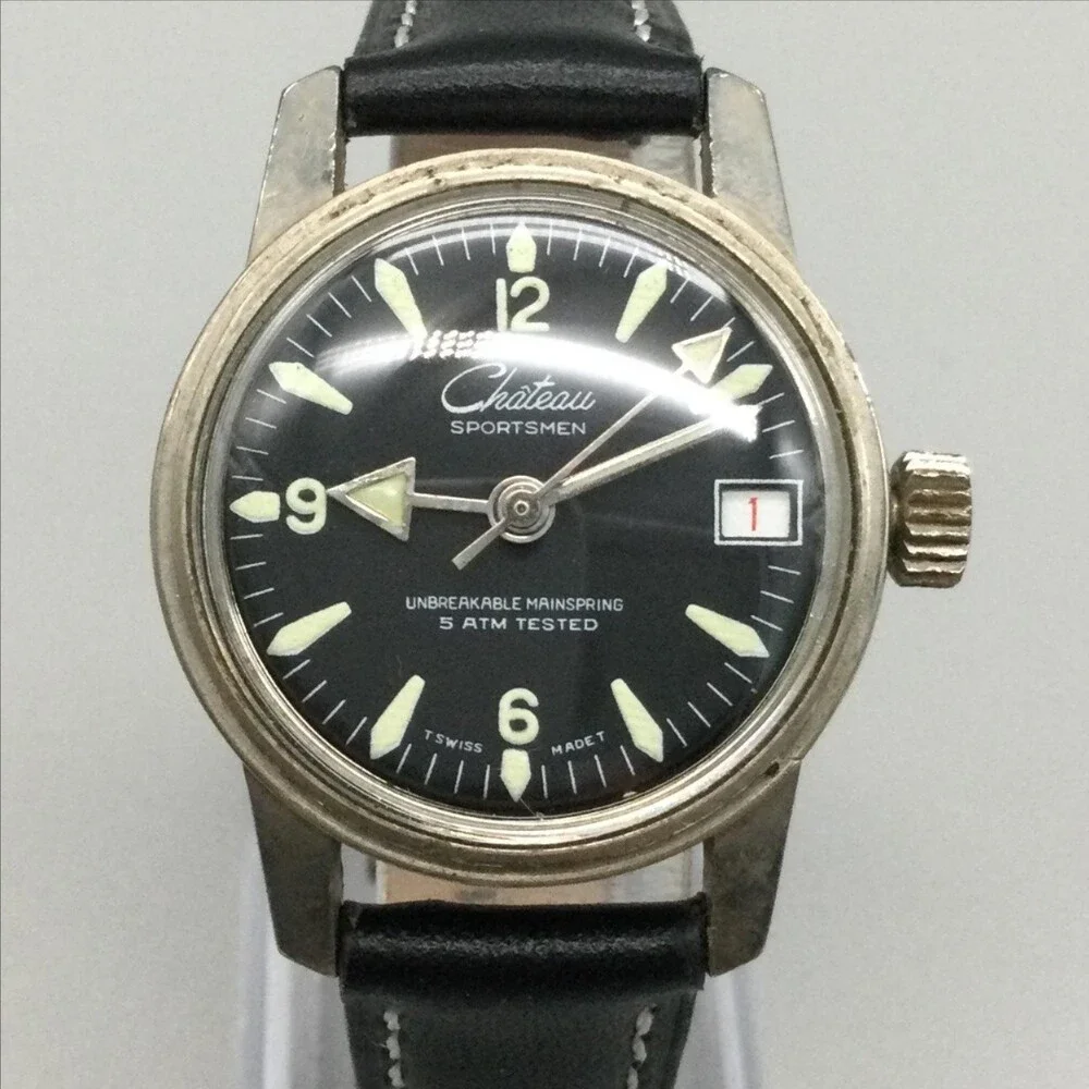 Vintage Chateau Sportsman Mens Watch 30mm Black Dial Manual Date Swiss Leather