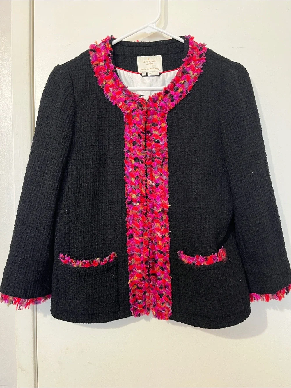 kate spade new york Black Pink Fringe Blazer Jacket Hook & Eye Lined Pockets