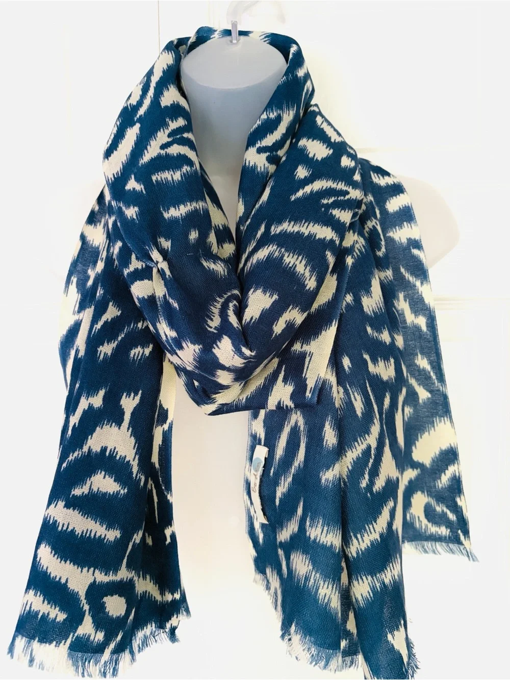 Boden Wool Scarf Wrap Shawl Indigo Blue Size 72 in x 22 in Abstract Design New