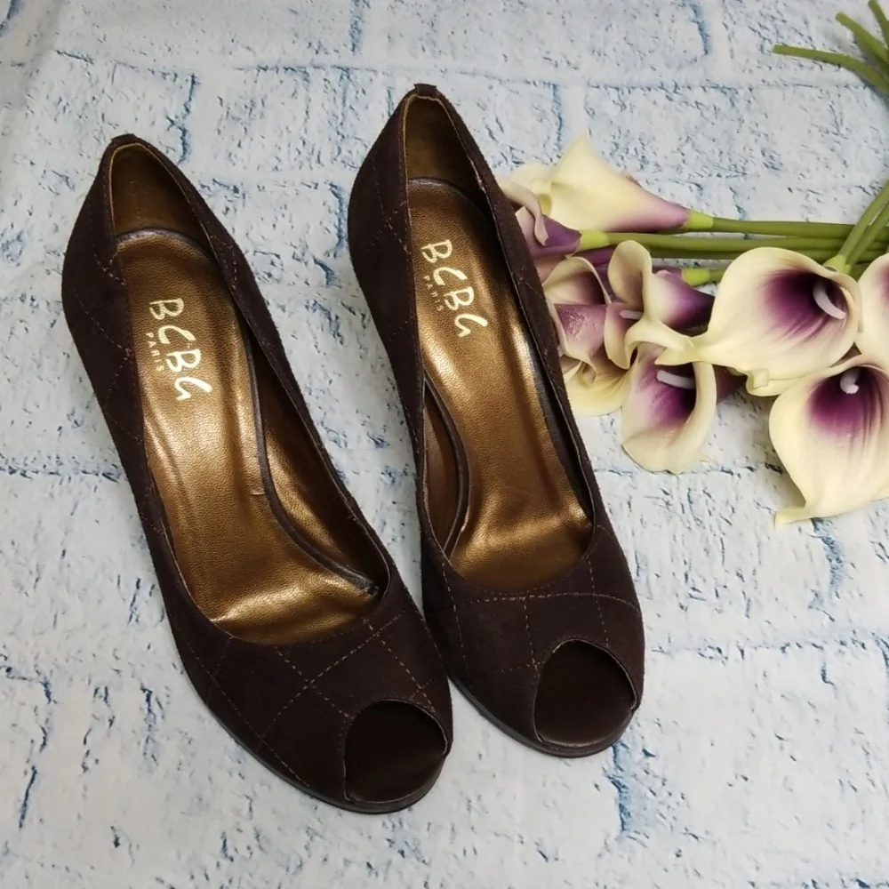 BCBG Suede Peep Toe Platform Heel