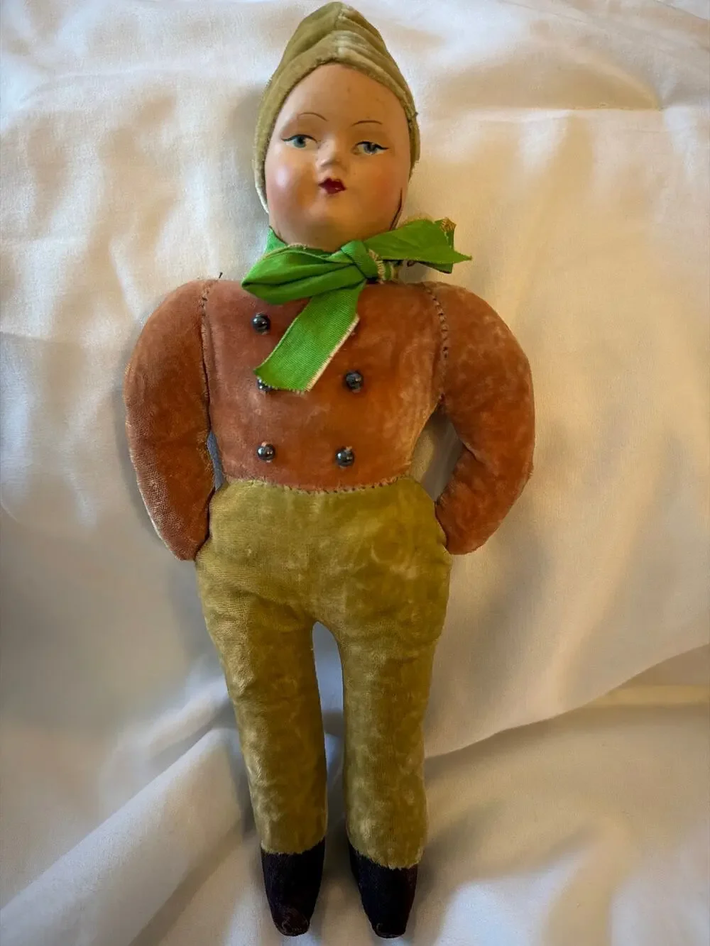 Vintage Composition Face Cloth Body Girl Doll Velvet Folk Costume 12