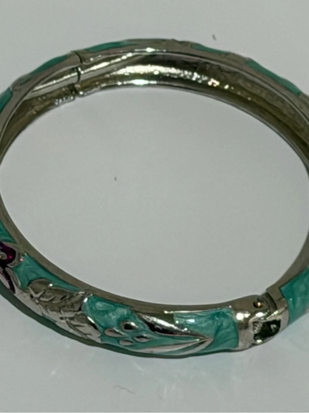 Turquoise Enamel Silver-Tone Floral Bangle Bracelet