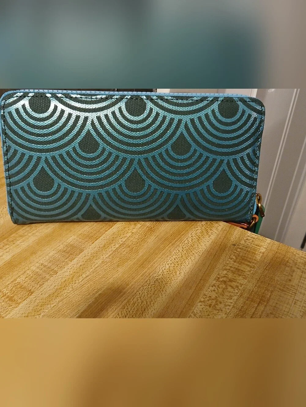 Kurt Geiger Teal and Pink Metallic Zip Around Wristlet