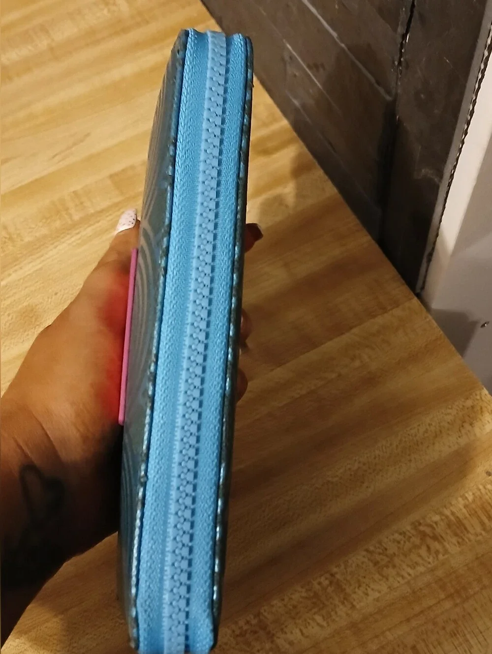Kurt Geiger Teal and Pink Metallic Zip Around Wristlet