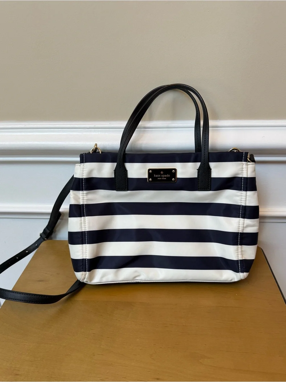 kate spade Navy and White Striped Tote with Black Handles