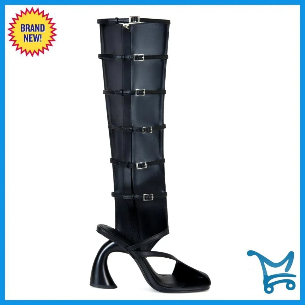 Women's Over The Knee Boots Square Toe Buckle Straps Side Zipper Faux Leather