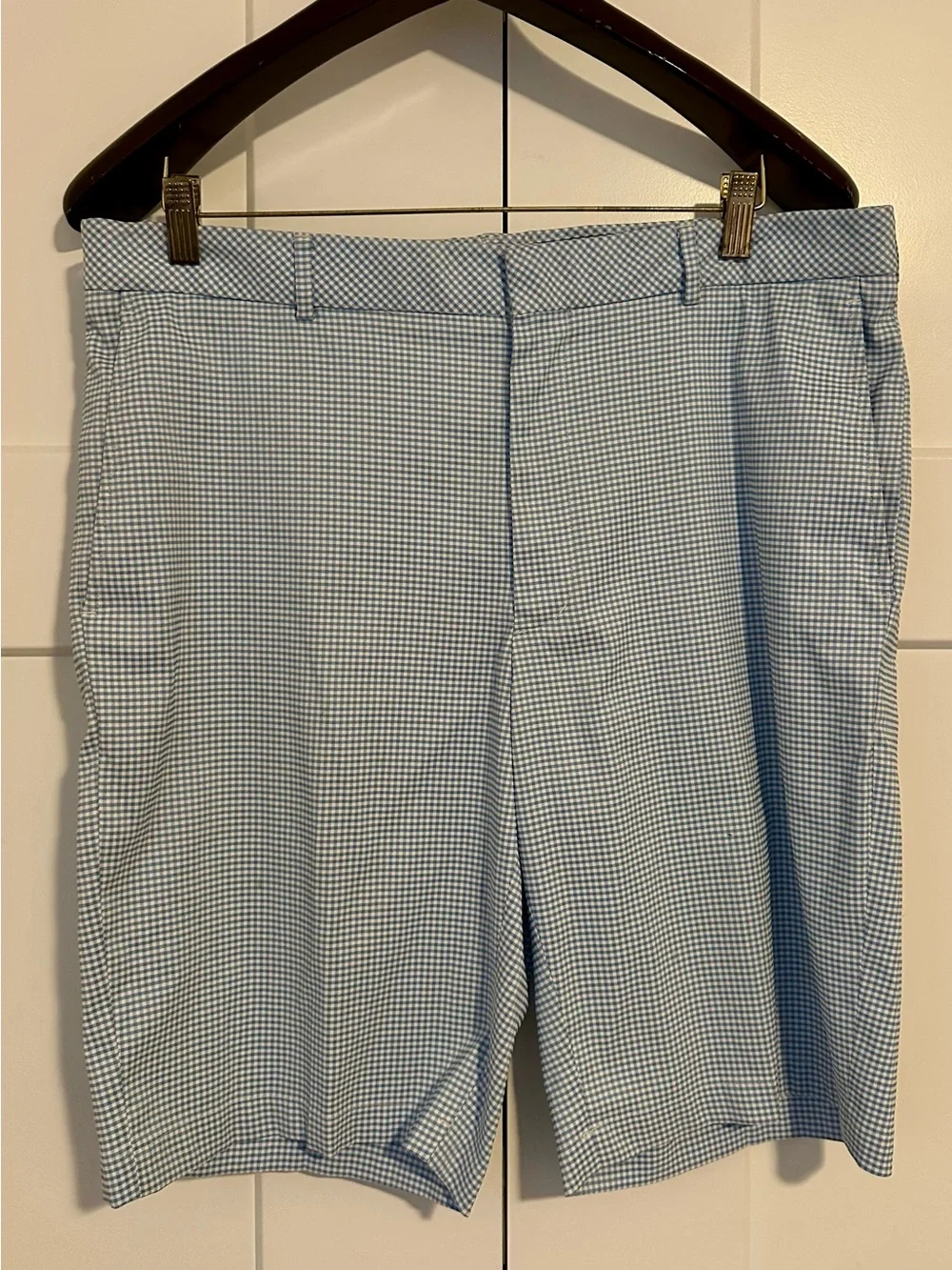 Walter Hagen Perfect 11 Light Blue Gingham Flat Front Golf Shorts 36