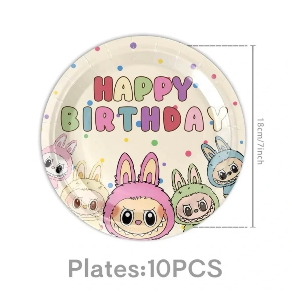 Labubu Cute Characters Happy Birthday Party Tableware Set - Pastel Multicolor