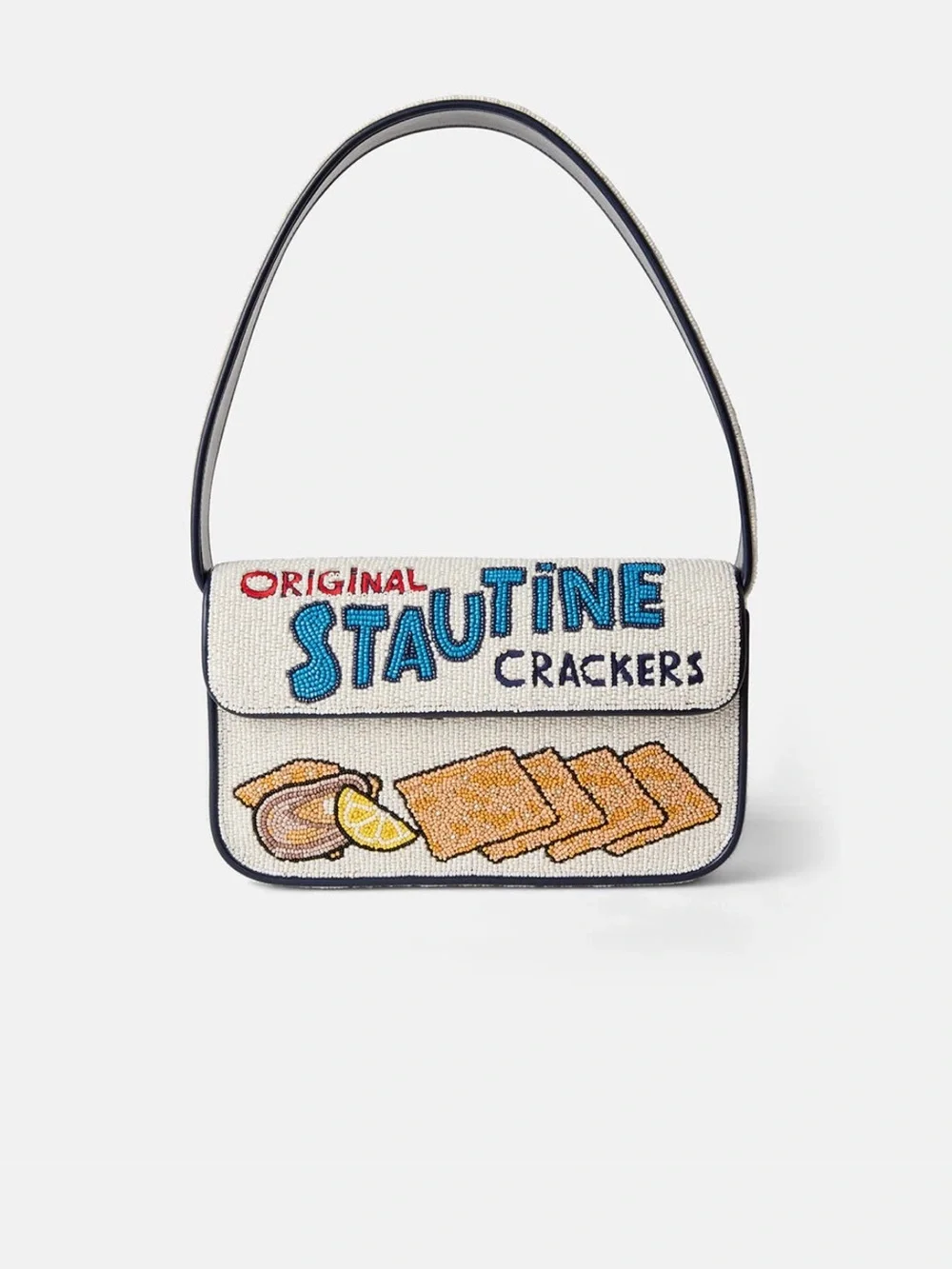STAUD Beaded 'Stautine Crackers' Shoulder Bag in Cream and Blue
