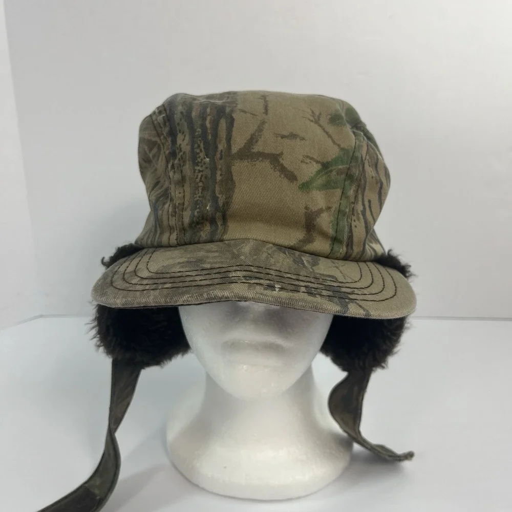 Vintage Realtree Camo Trapper Hat Fur Ear Flap Hunting Cap Made In USA Small