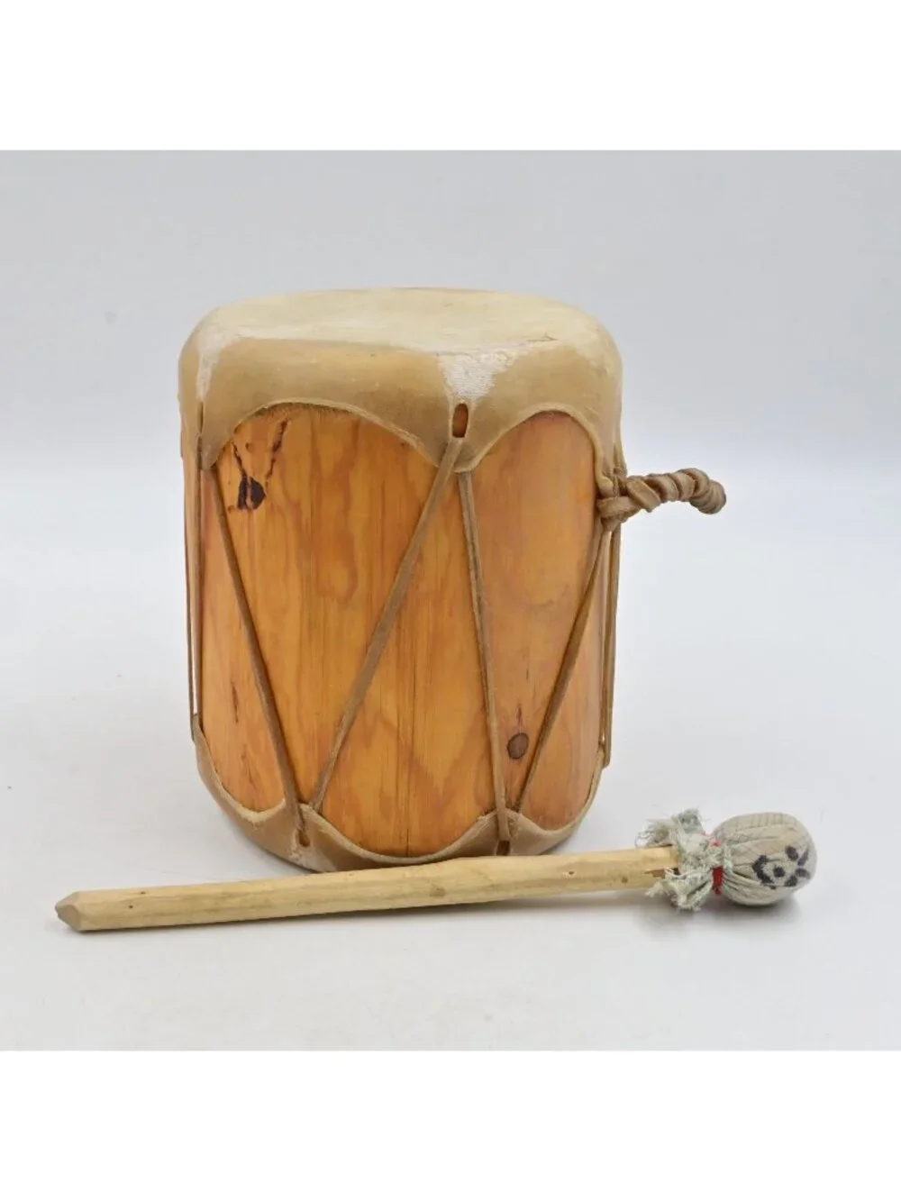 Native American Taos Pueblo Hand Made Rawhide Wood Drum W/ Mallet