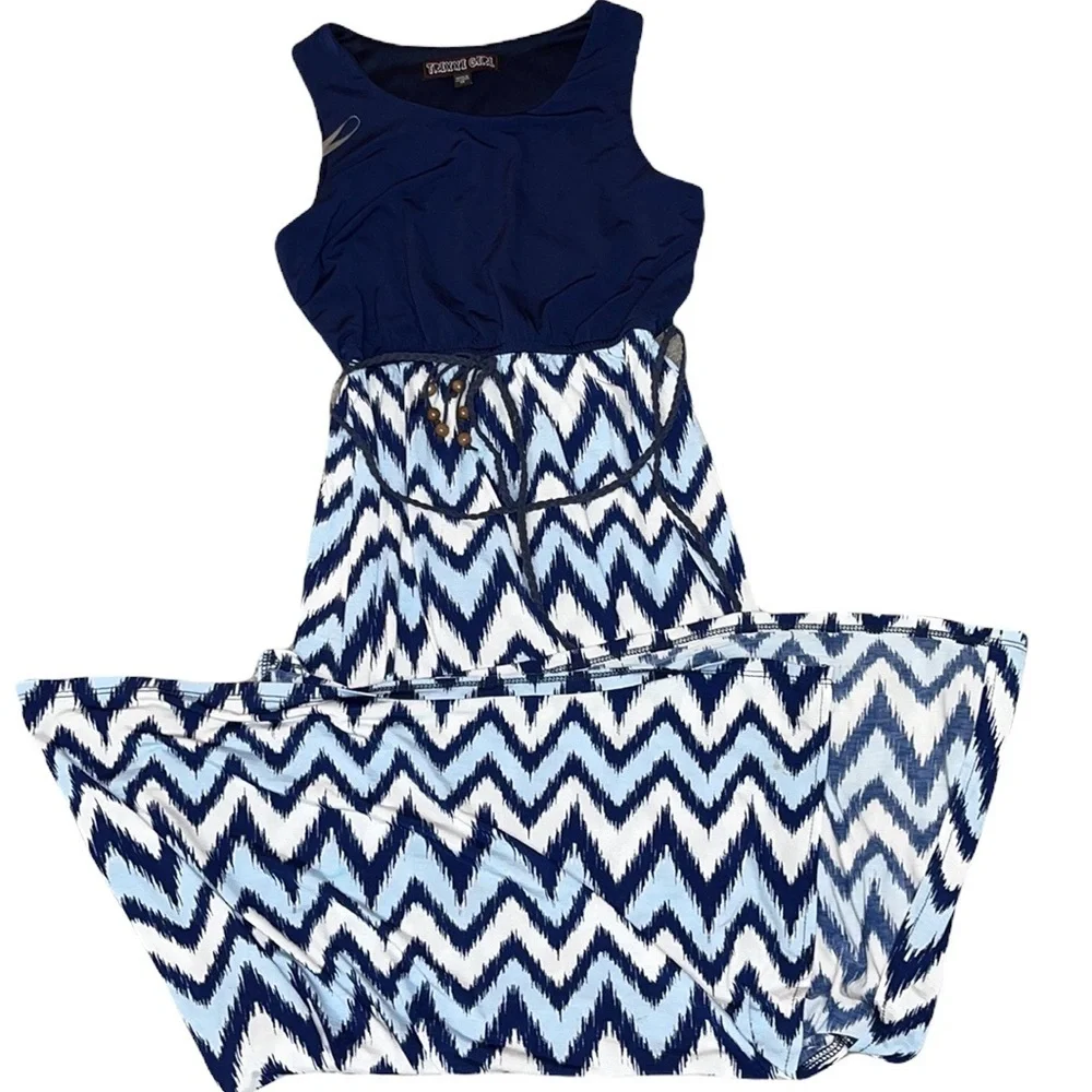 Trixxi Girl Navy Blue Mixed-Media Chevron Print Maxi Dress — Kids Size M