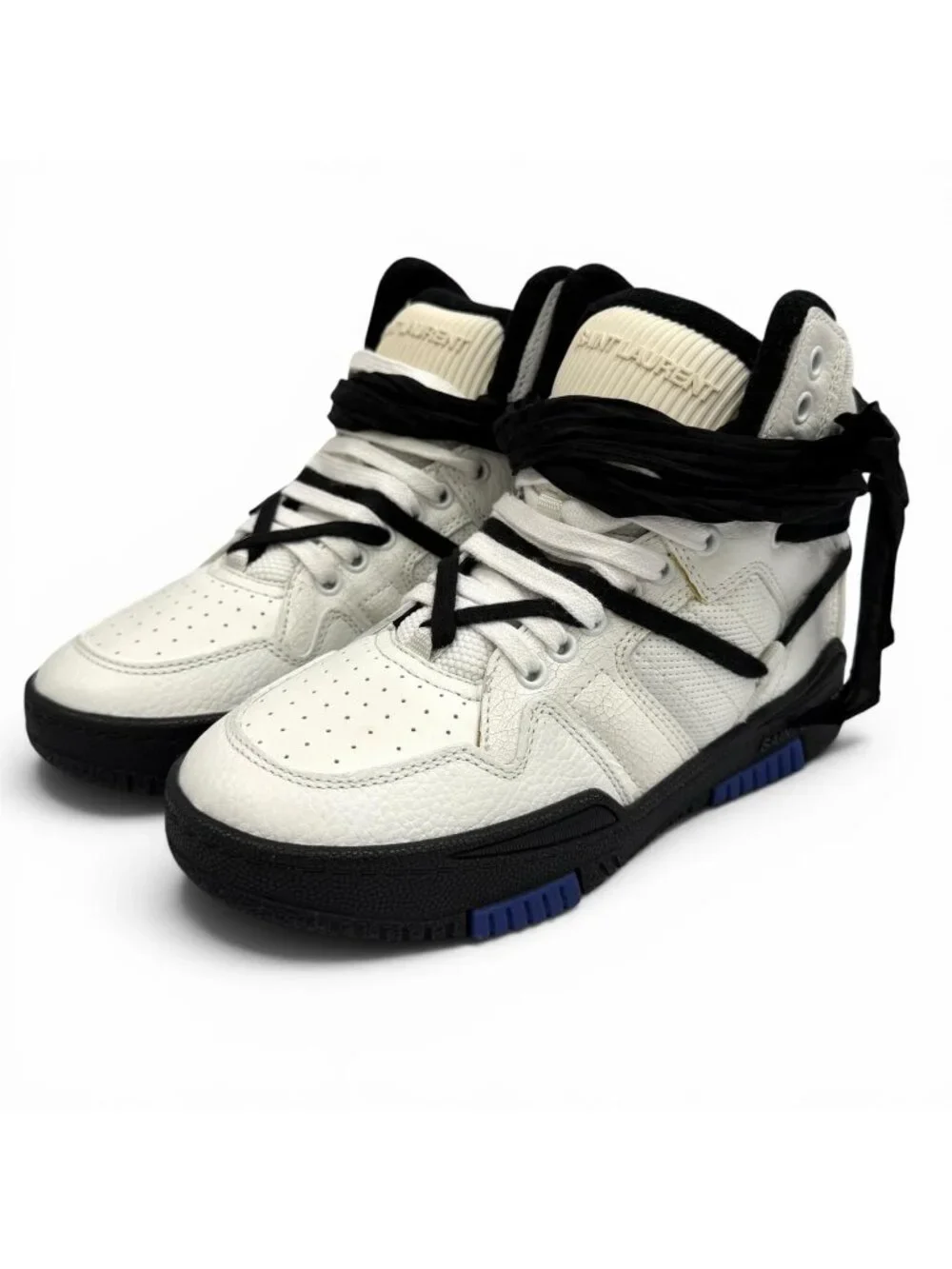 Saint Laurent Smith Logo Embroidered Lace Up Leather High Cut Sneakers White
