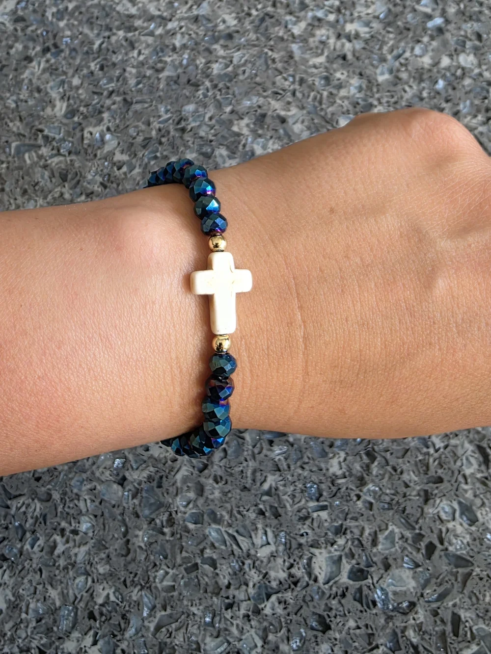 Beaded Cross Stretch Bracelet in Iridescent Blue with White Cross
