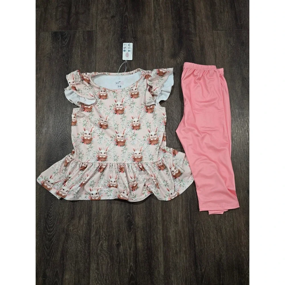 Pete + Lucy Girls Pink Easter Bunny Peplum Top and Leggings Set Size 7/8 NWT