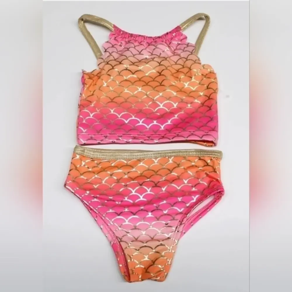 Mermaid Scallop Pink Orange & Metallic Gold Girls 2 Piece Bikini‎ Swimwear. NWT