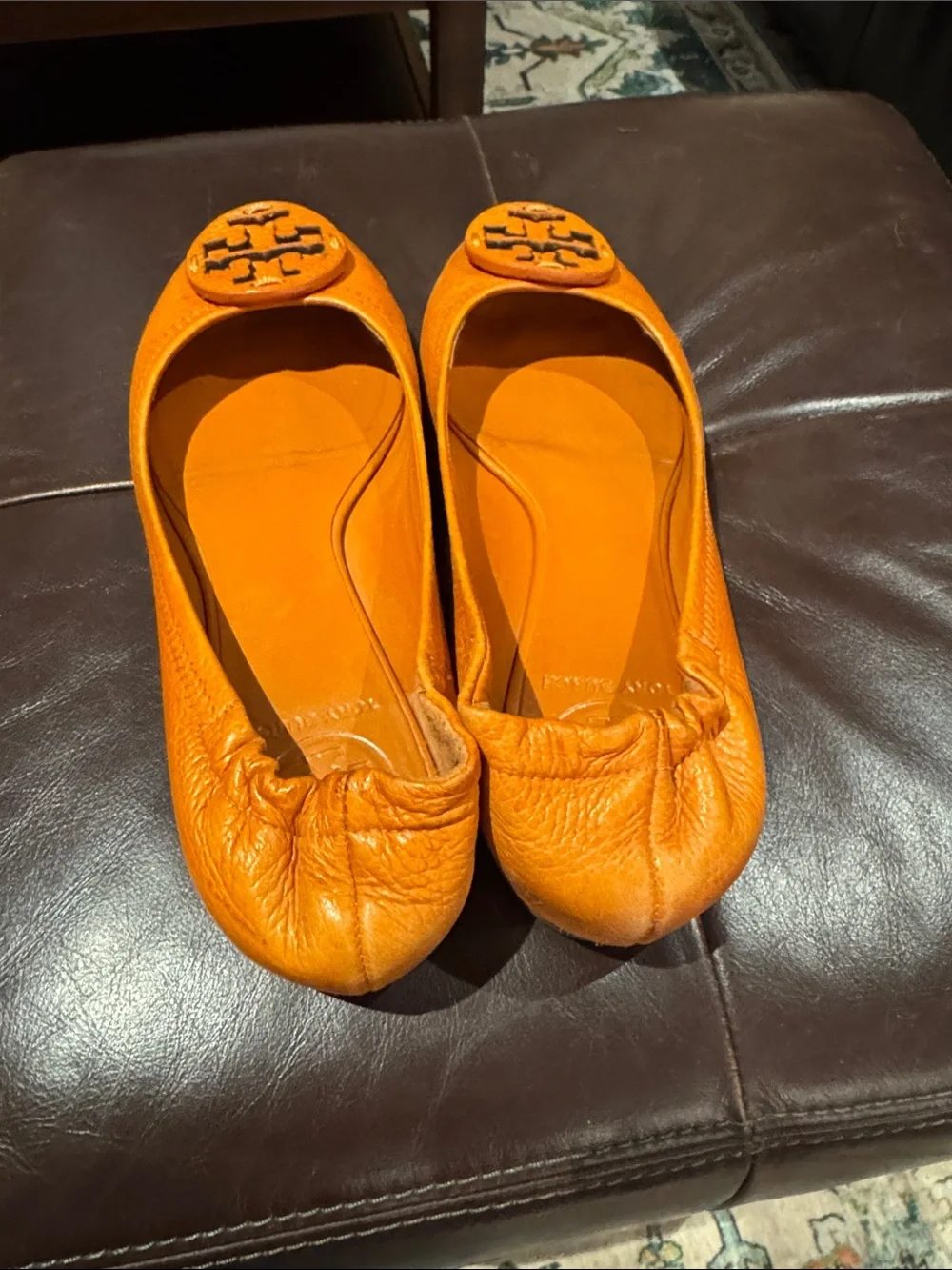 Tory Burch Bright Orange Leather Logo Ballet Flats