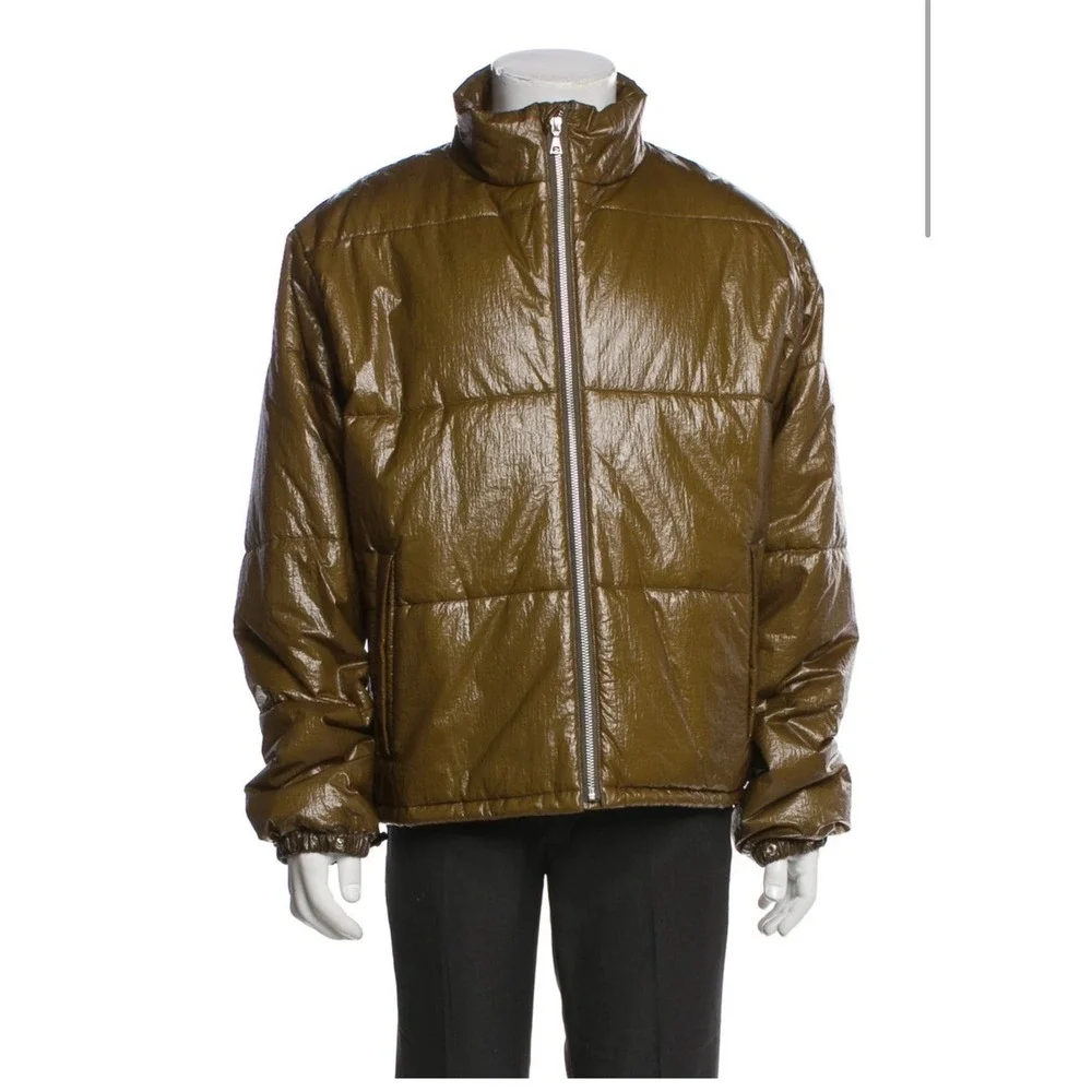 John Elliott Mens Olive Green Crinkle High Shine Quilted Puffer Jacket Size 4 XL