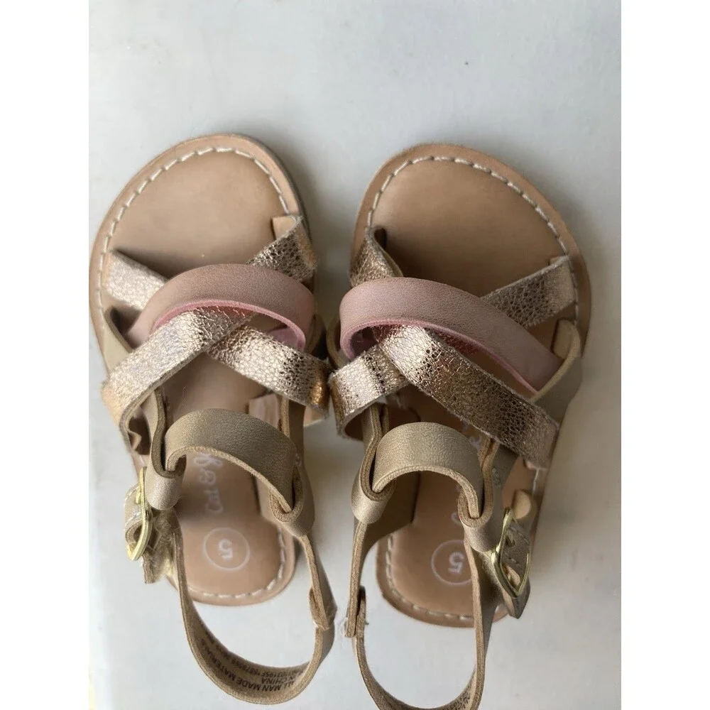 Cat & Jack Toddler Girls Strappy Sandals Size 5 Gold Pink Metallic Cross Strap