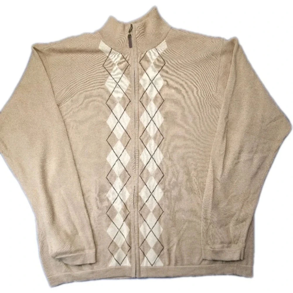 IZOD Men's Full-Zip Argyle Sweater – Size XL – Tan/Beige – 100% Cotton