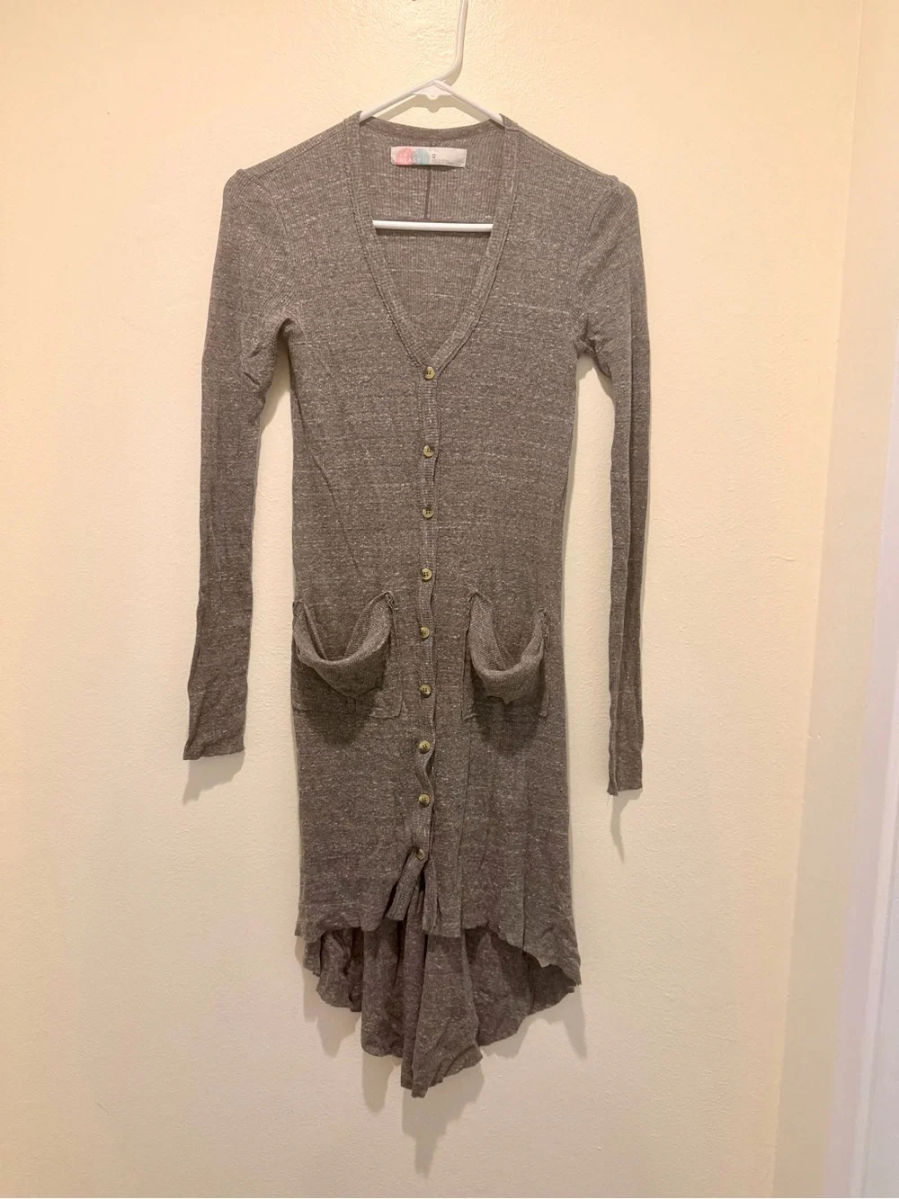 Free People Long Sleeve V-Neck Gray Knit Dress/Cardigan with Button Front