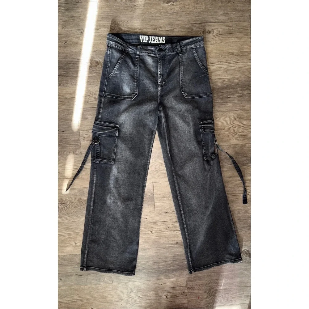 VIP Jeans Womens Wide Leg Cargo Pants Faded Black High Rise Strappy Size 15/32