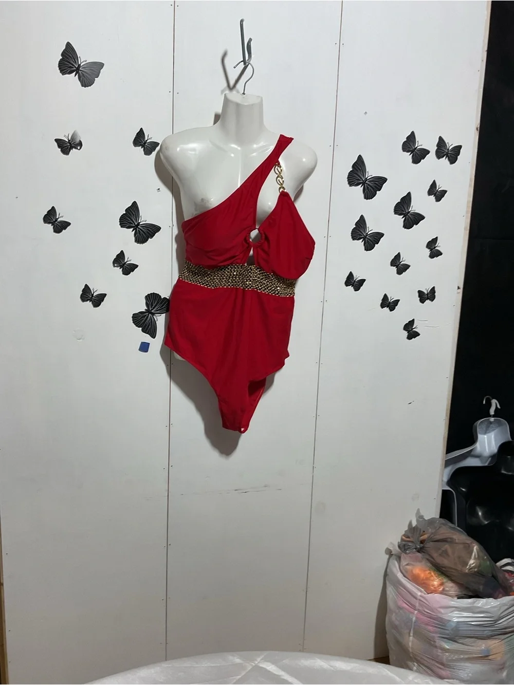 Red One-Shoulder Swimsuit with Gold Accent