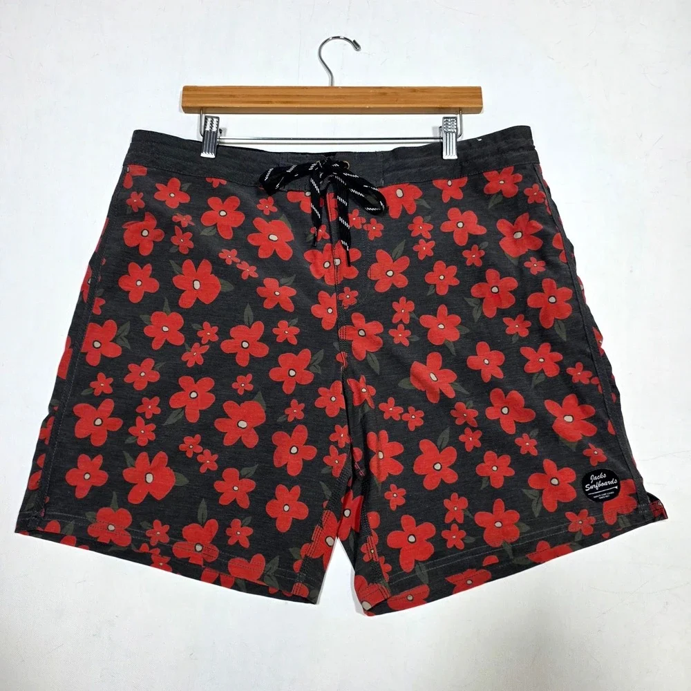 Jacks Surfboards Board Shorts Mens 36 Black Red Floral Hibiscus Swim Trunks Surf