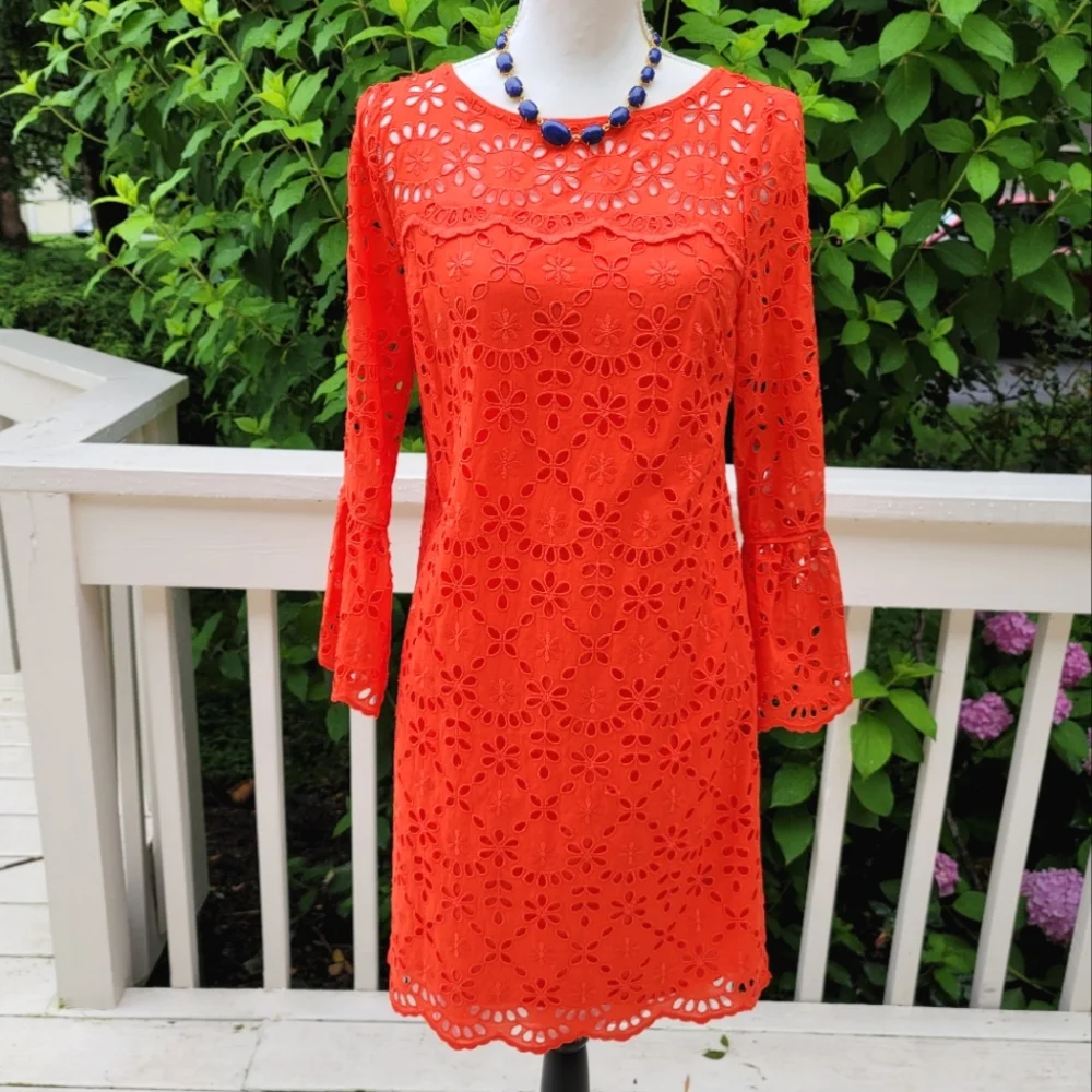 New! J. Crew sz 4 Eyelet Dress Bell-sleeves Orange-Red NWT