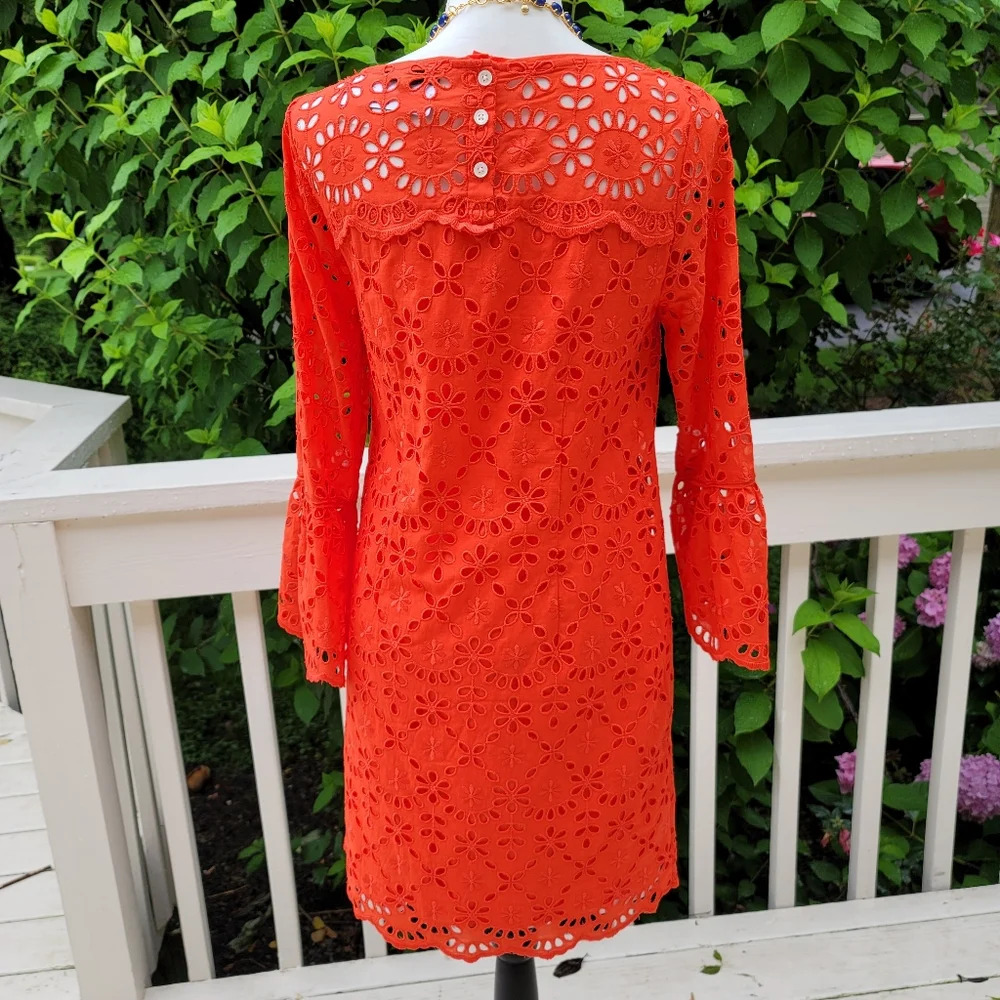 New! J. Crew sz 4 Eyelet Dress Bell-sleeves Orange-Red NWT