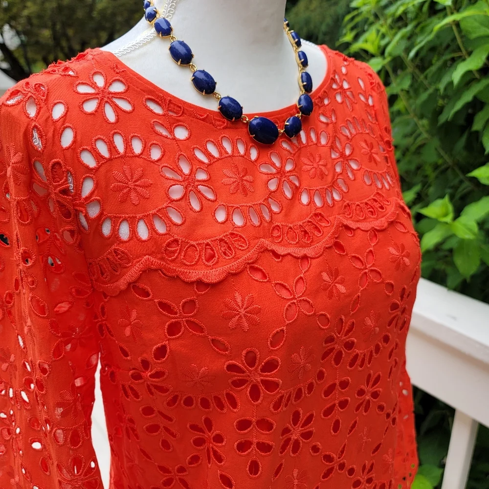 New! J. Crew sz 4 Eyelet Dress Bell-sleeves Orange-Red NWT