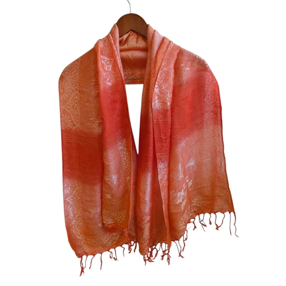 Orange Peach Metallic Rectangle Scarf Embossed with Fringe Ends