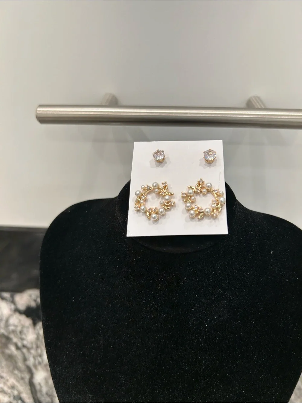 Gold Pearl Wreath and Clear Crystal Stud Earring Set - Women's Jewelry