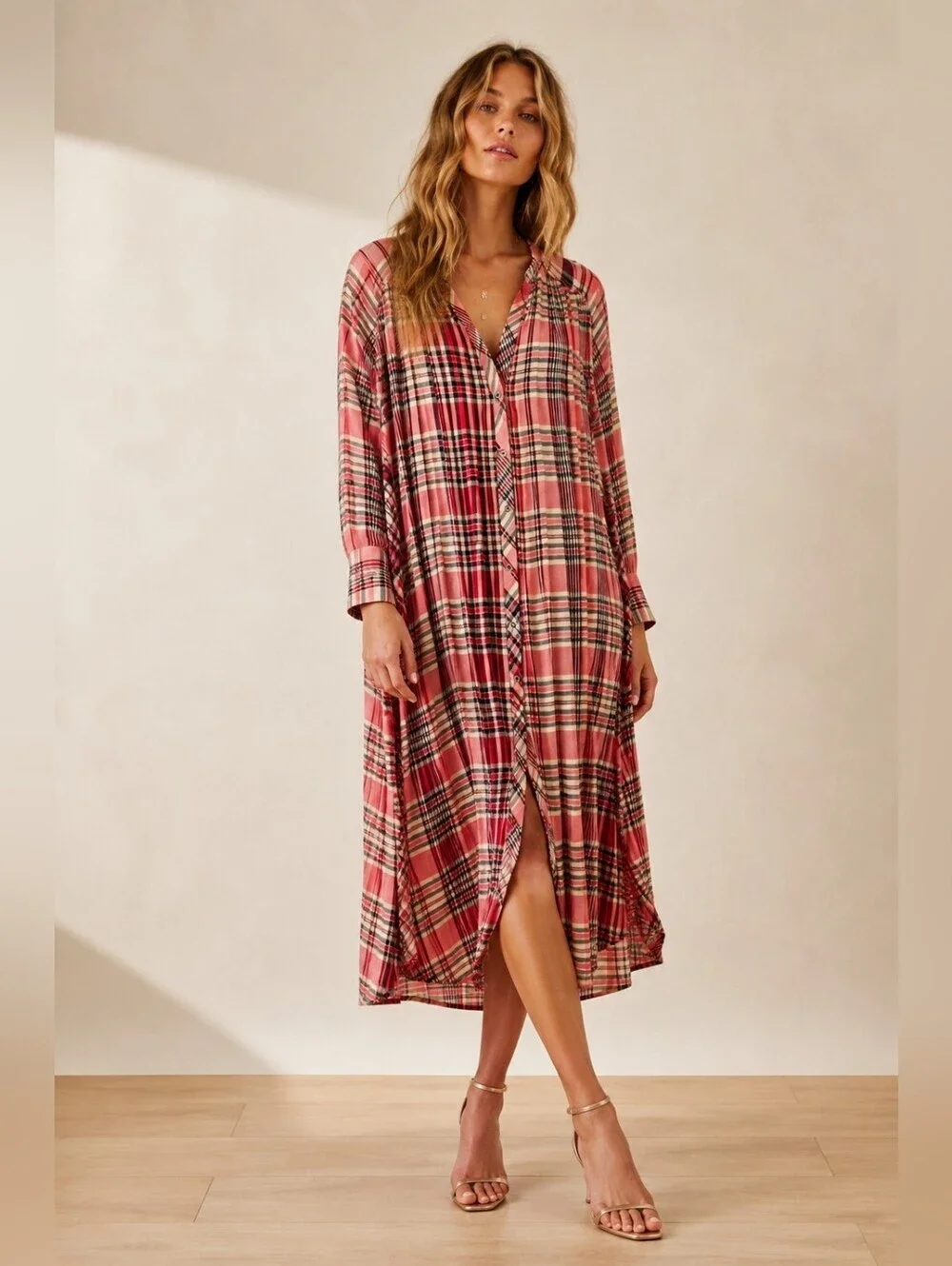 Free People Plaid Midi Shirt Dress | Boho Pink Plaid Button Front Dress | Size S