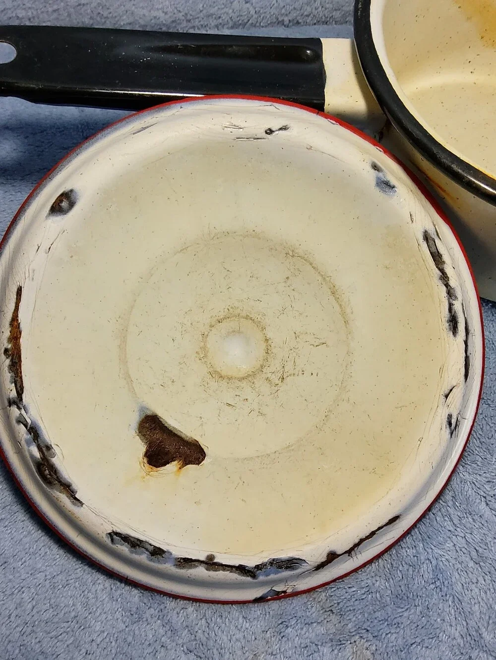 Vintage Enamelware Saucepan Pot With Lid White Black Red Trim Farmhouse Decor