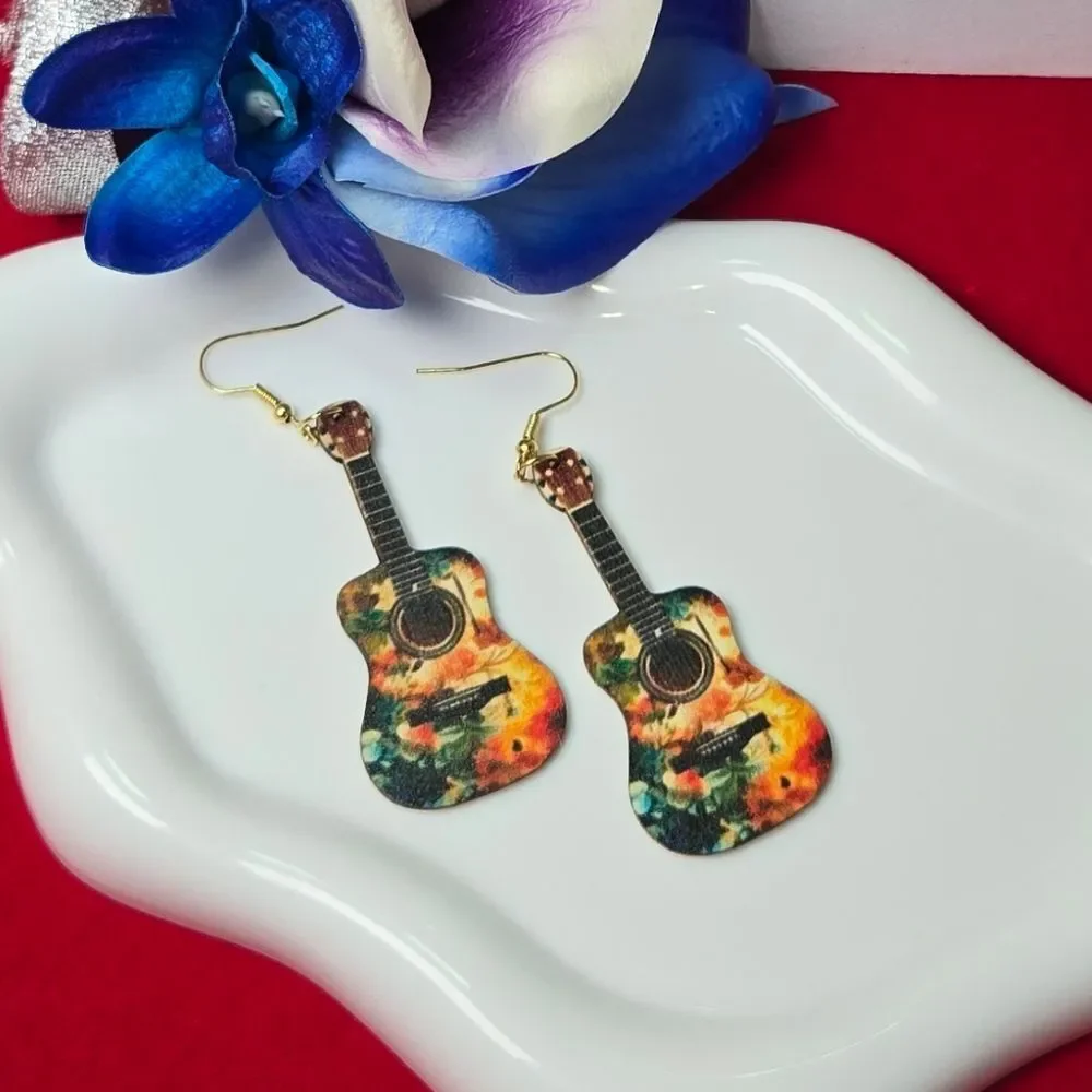 Rustic Floral Guitar Wood Dangle Earrings Boho Artist Statement Musician Gift