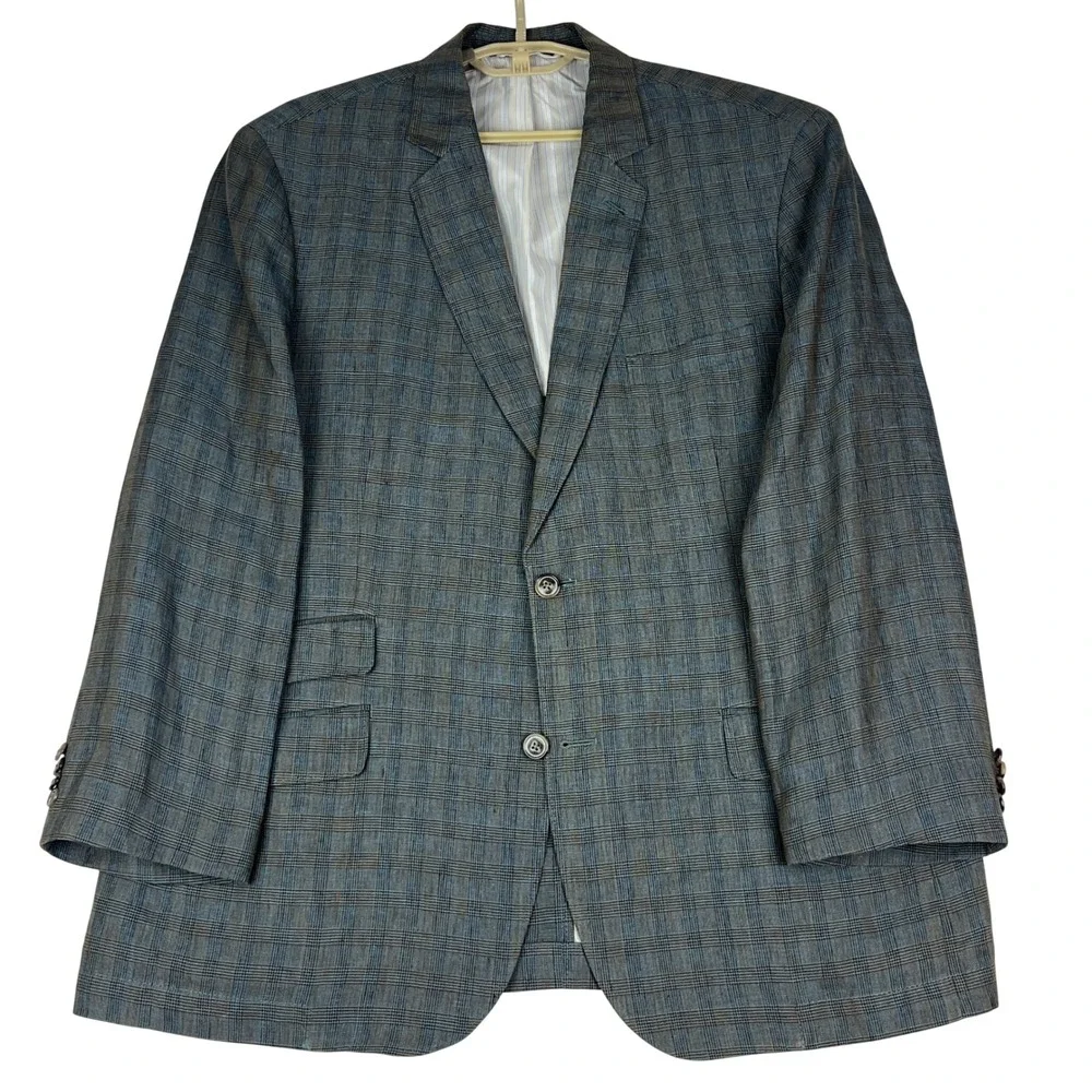 Flynt Sparrow‎ 44R Linen Blazer Gray Plaid Ticket Pocket Summer Sport Coat