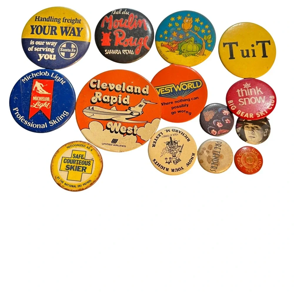 Vintage Mixed Pinback Button Lot Multicolor Advertising Travel Pop Culture 14pc