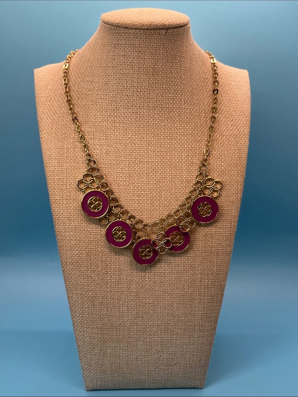 #0002. Erica Lyons Gold-Tone Necklace with Fuchsia Enamel Discs