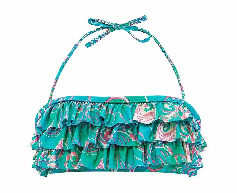 Lands’ End Flamingo Ruffle Bikini Swim Top Girls Sz 7 Aqua Pink Halter Swimsuit