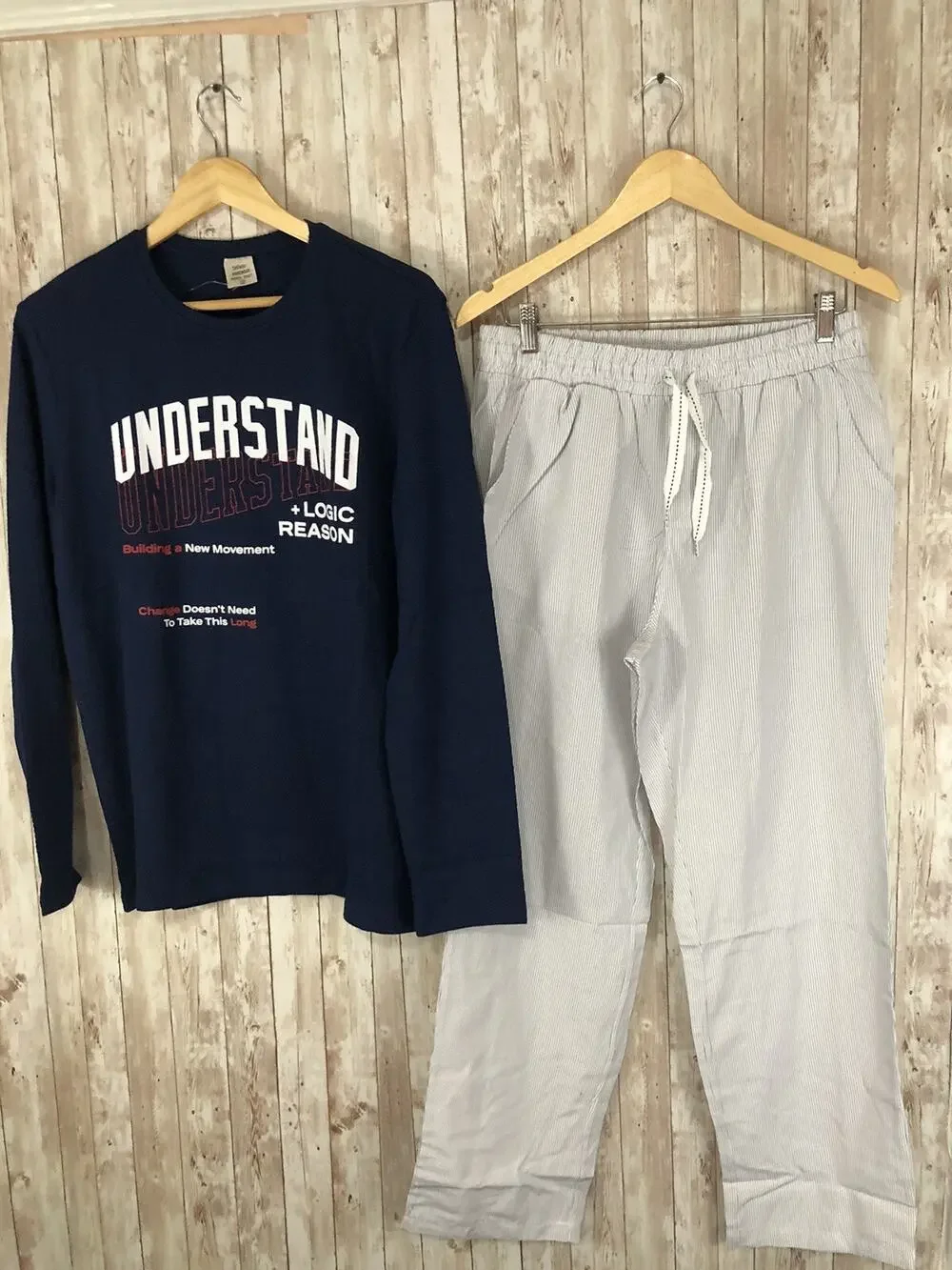 De Facto Pajama Set Mens Small Sleep Set Lounge Pants Shirt Blue N81