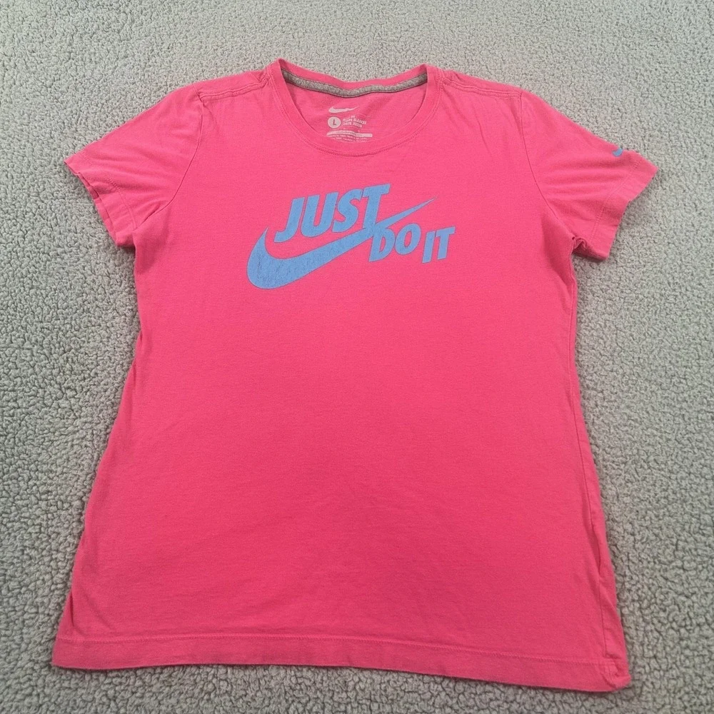 Nike Shirt Womens Large Pink Just Do It Slim Fit Crewneck‎ Graphic Sports Tee