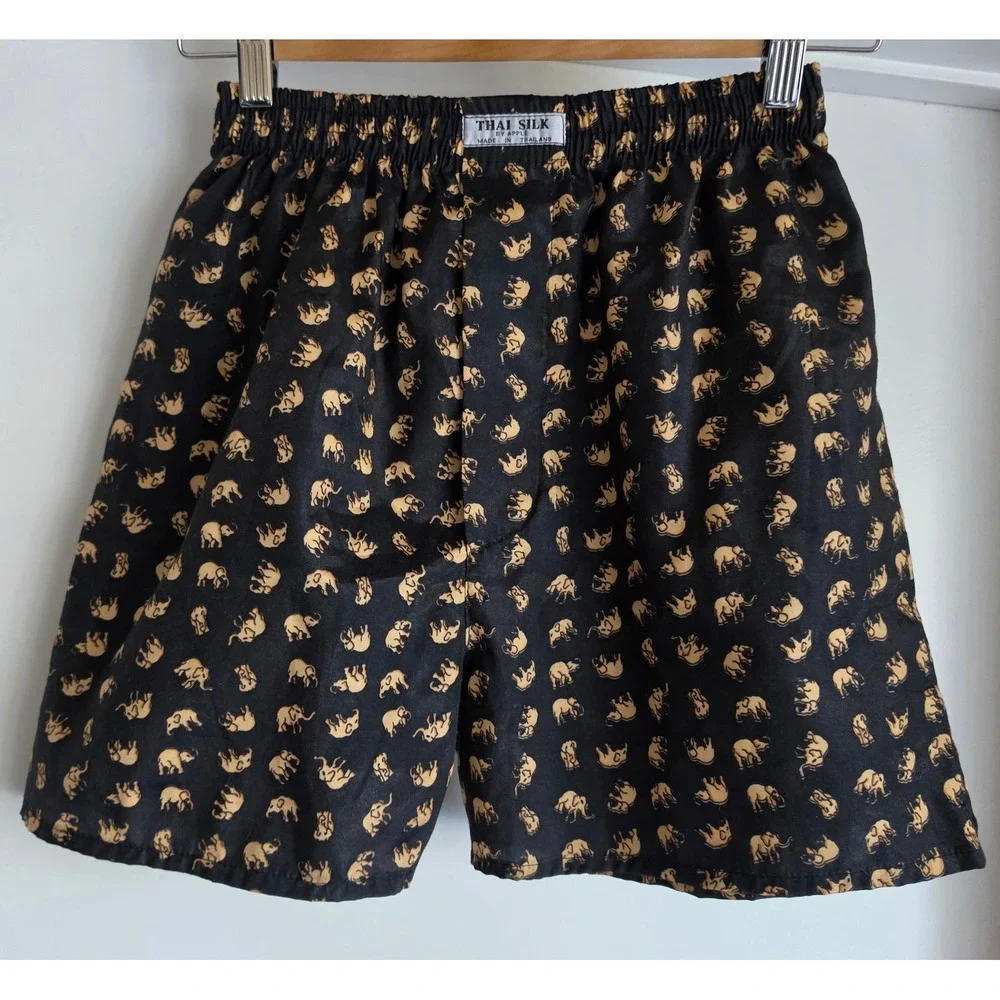 Thai Silk by Apple Mens Elephant Print Boxer Shorts Black Gold Size M Loungewear