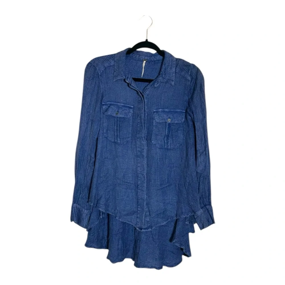 Free People Blue One of the‎ Guys Waffle Knit Tunic Shirt Size XS