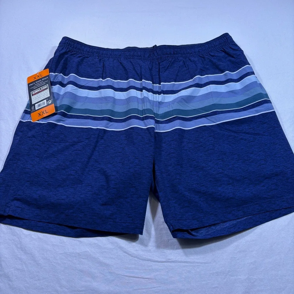 Kirkland Signature Mens Swim‎ Shorts XXL Blue Stripe Elastic Waist Pockets