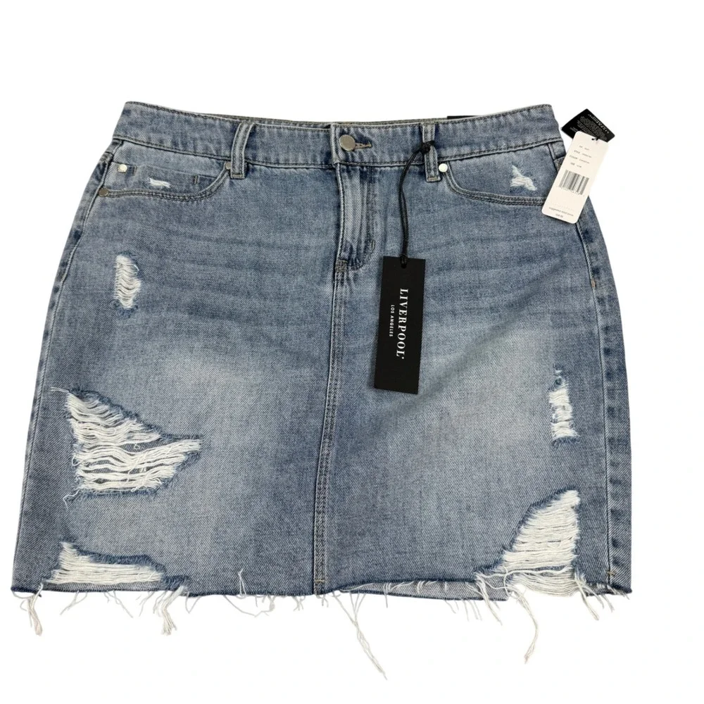Liverpool Los Angeles‎ Distressed Denim Mini Skirt Evanston Blue Size 6 MSRP $68