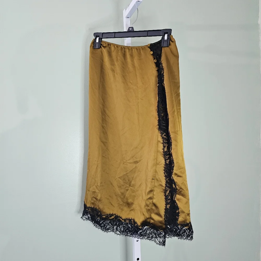 Victoria's Secret‎ Satin Midi Skirt Golden Bronze Size Medium Black Lace