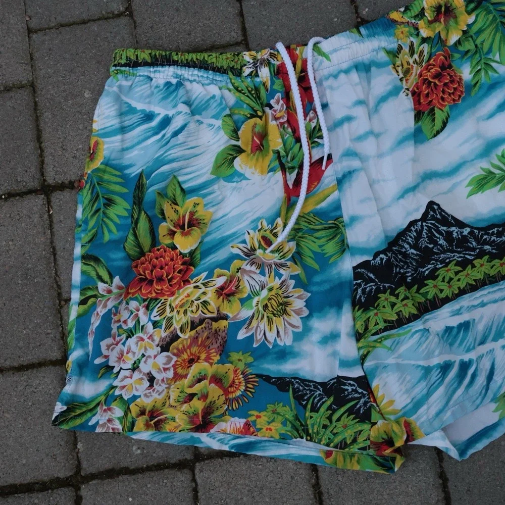 VTG Polo Sport Ralph Lauren Board Shorts Swim Mens Hawaiian All Over Print Sz XL
