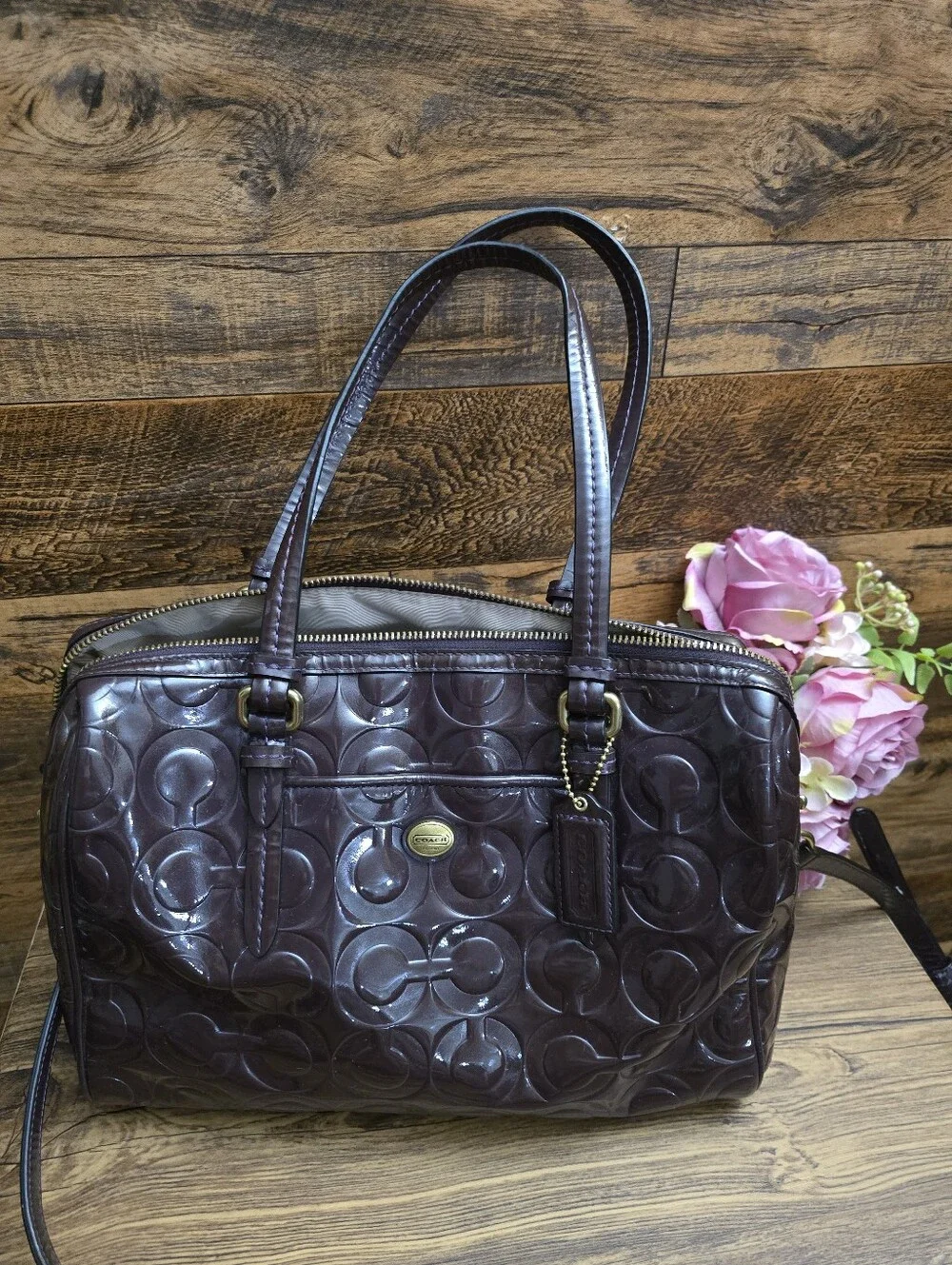 Coach Patent Signature Tote And Matching Wallet/Wristlet in Dark Brown