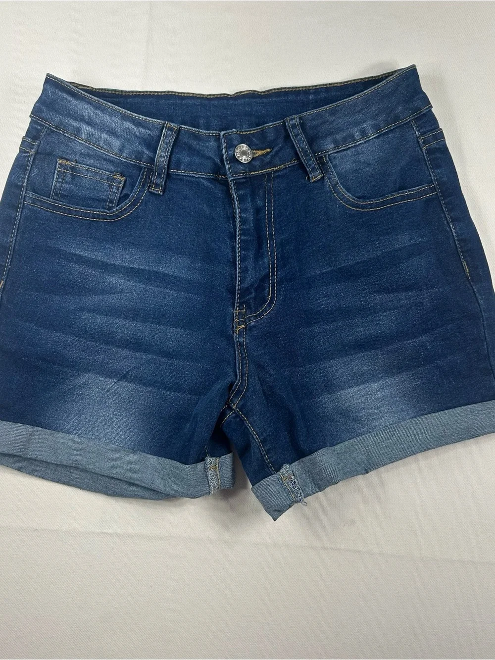 Women's Mid-Rise Dark Blue Denim Roll-Cuff Jean Shorts